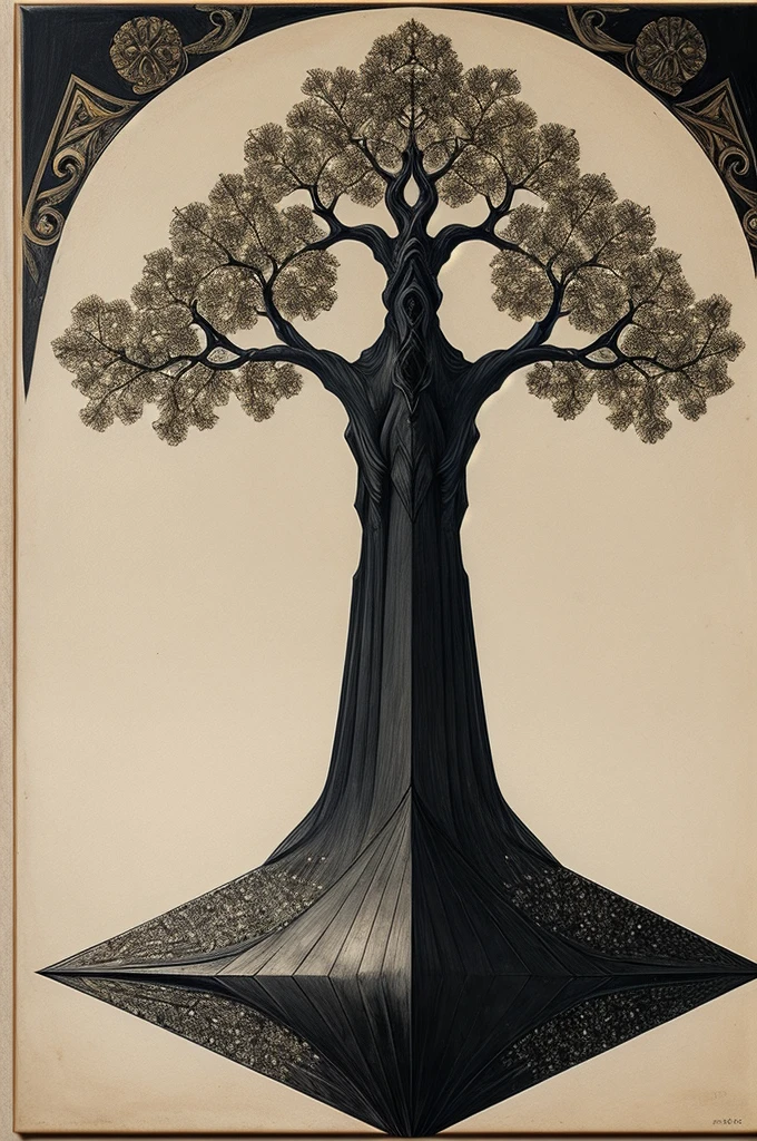 Nordic tree-shaped solitaire，Flat style， abstract artistic，Graphic design，symmetry, Math, Renaissance, Oil painting, 2D canvas, highly detailed, complex, Classic paint, Black monochrome, crystals, opulent, lap, gothic ornament, Graphic design
