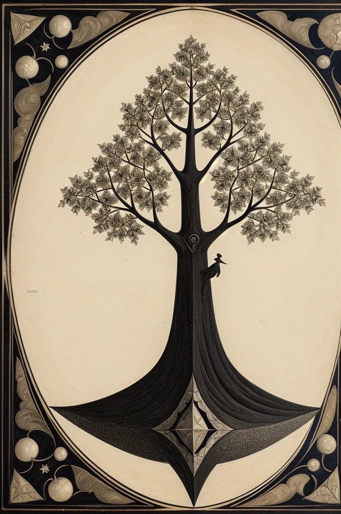 Nordic tree-shaped solitaire,Flat style, abstract artistic,Graphic design,symmetry, Math, Renaissance, Oil painting, 2D canvas, highly detailed, complex, Classic paint, Black monochrome, crystals, opulent, lap, gothic ornament, Graphic design