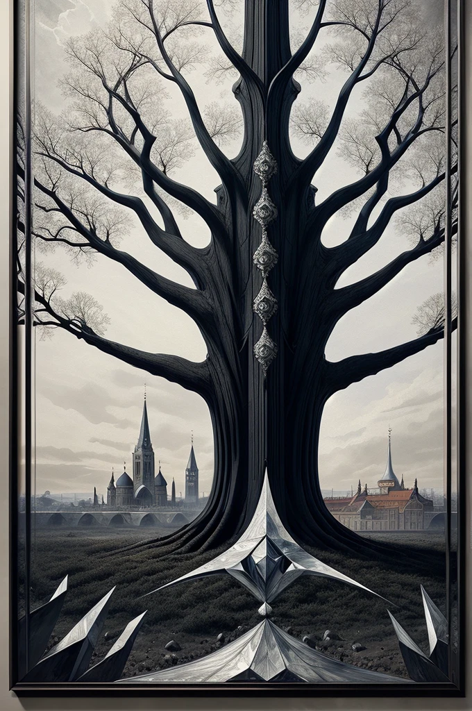 Nordic tree-shaped solitaire,Flat style, abstract artistic,Graphic design,symmetry, Math, Renaissance, Oil painting, 2D canvas, highly detailed, complex, Classic paint, Black monochrome, crystals, opulent, lap, gothic ornament, Graphic design