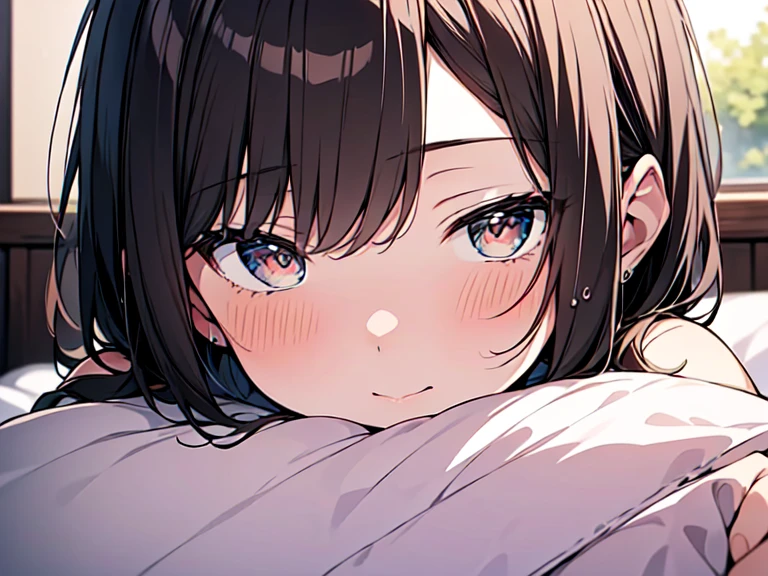 Highest quality, masterpiece, Ultra-high resolution, 8K,Show anime style , Soft Line Art, Digital Enhancement, shojo anime touch, shojo manga core, Flowing fabric, close, Soft Drawing, Ultra-Definition Digital Anime Art, Clear facial depiction, Super detailed girl cartoon character art, Ultra-detailed manga style, Highest qualityの色,((( 1People Women))),独奏,(A woman with short brown hair), Wet Hair,Beautiful brown hair, Clear brown eyes, Slightly chubby,Small breasts,pajamas,((She is sleeping in bed with the covers on.)),I'm lying next to her in the same bed, watching her,Peaceful sleeping face,She wakes up,I call out good morning,((She lay face down in the futon, her cheek on the pillow, turned her face towards me and smiled fondly.)),Wicked Smile,(Focus on face)