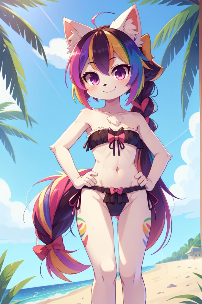 score_9,score_8_up,score_7_up, source_cartoon, source_furry, cat girl, (Rainbow colored hair, colorful hair), (messy, messy), long braid ponytail, furry, looking at viewer, smile, 1girl, furry female, cat tail, cat ears, small breasts, white body fur, ((big bow decoration on back head, strapless fringed bandeau bikini)), beach, clear sky, magenta eyes, looking at viewer, skinny, standing, hands on hips, uperbody,