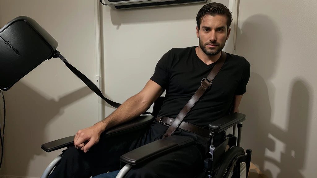 A 30-year-old handsome man with spinal cord injury and quadriplegia, with his head resting on the headrest, his chest tied to the backrest by a restraint belt, his hands flat, and he was controlling the electric wheelchair