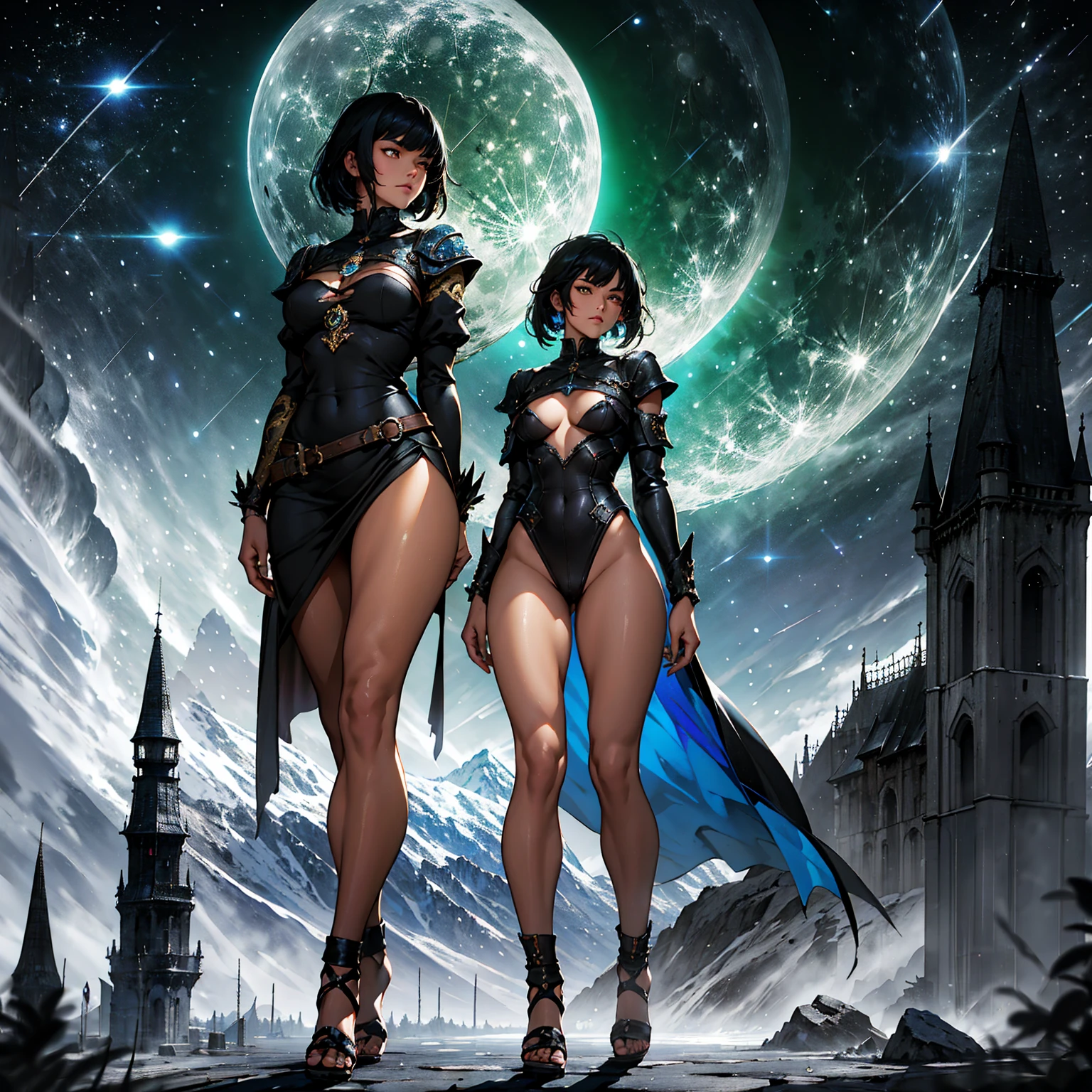 1girl (Solo), bob hair with bangs, black hair, breasts, small size, golden eyes, tanned skin, serious face, nude, full body, darkness aura, night, white moon, medieval castle, mountain behind, very sexy body, detailed face, highly detailed, 8k, best quality, masterpiece, vibrant colors, digital art, concept art