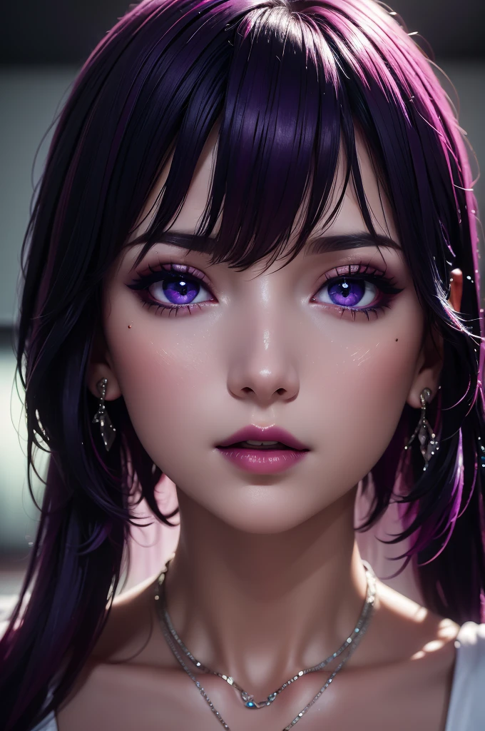 picture, ProFessional Full-body, (detailed Face and eye:1.4), Purple eyes,Deep rifts, colorFul, color photography oF woman, (dark makeup), necklace, Earrings, (Dark lipstick), Split lips, sharp Focus, Focus on Face, Insanely sharp details, Very detailed, gigantic breasts in Frame, 4K HQ, 8k, depth oF Field, F/1.2, Leica, 8k HDR, High contrast, Highly retouched, Shadows, sad, Award-winning photography, The best photographers.