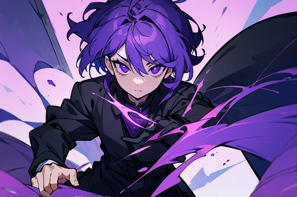 Purple haired boy with purple eyes wearing a black uniform