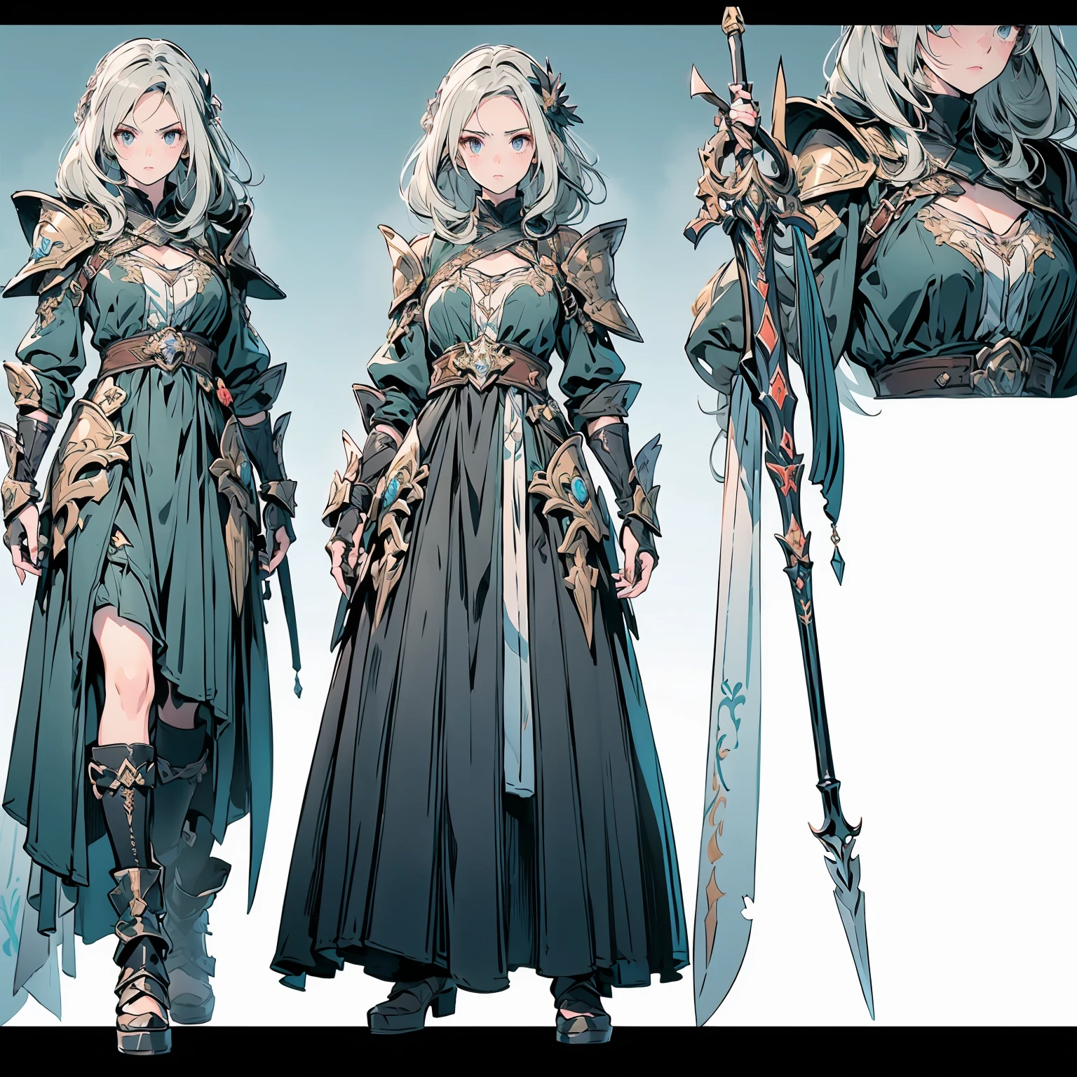 Design a layout showcase Gaming character, (1girl). Golden+Purle clothes, stylish and unique, ((showcase weapon:1.4)), magic staff, (masterpiece:1.2), (best quality), 4k, ultra-detailed, (Step by step design, layout art:1.5), (luminous lighting, atmospheric lighting), magican, ((glove full hands)), (((revealing clothes:1.3))), vambraces, armored legwear, (((full_body_shot:1.4)))