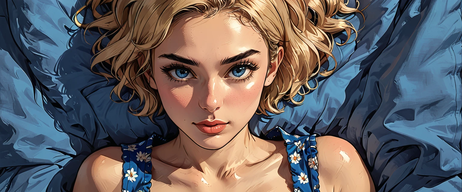 view from above, top view, from above, lying, a (girl in BLUE PAJAMAS) lies on a blue double bed, portrait, close-up,
adult, [Nordic], perfect Olive skin, Oval Face,  Rounded shoulders,  Attached Pointed ears, round forehead, ((Short blonde Waves pixie hair)), snub nose, Arched eyebrows, Monolid blue Eyes, High Round Narrow cheekbones, Dimpled Cheeks, Rounded Chin, Rounded Jawline, Full nude Lips, Nude Makeup Look, long eyelashes, 

graphic style of novel comics,dark novel, 2d, 8k, hyperrealism, masterpiece, high resolution, best quality, ultra-detailed, super realistic, Hyperrealistic art, high-quality, ultra high res, highest detailed, lot of details, Extremely high-resolution details, incredibly lifelike, colourful, soft cinematic light,