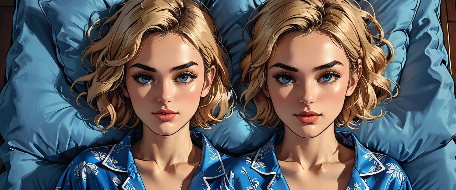 view from above, top view, from above, lying, a (girl in BLUE PAJAMAS) lies on a blue double bed, portrait, close-up,
adult, [Nordic], perfect Olive skin, Oval Face,  Rounded shoulders,  Attached Pointed ears, round forehead, ((Short blonde Waves pixie hair)), snub nose, Arched eyebrows, Monolid blue Eyes, High Round Narrow cheekbones, Dimpled Cheeks, Rounded Chin, Rounded Jawline, Full nude Lips, Nude Makeup Look, long eyelashes, 

graphic style of novel comics,dark novel, 2d, 8k, hyperrealism, masterpiece, high resolution, best quality, ultra-detailed, super realistic, Hyperrealistic art, high-quality, ultra high res, highest detailed, lot of details, Extremely high-resolution details, incredibly lifelike, colourful, soft cinematic light,