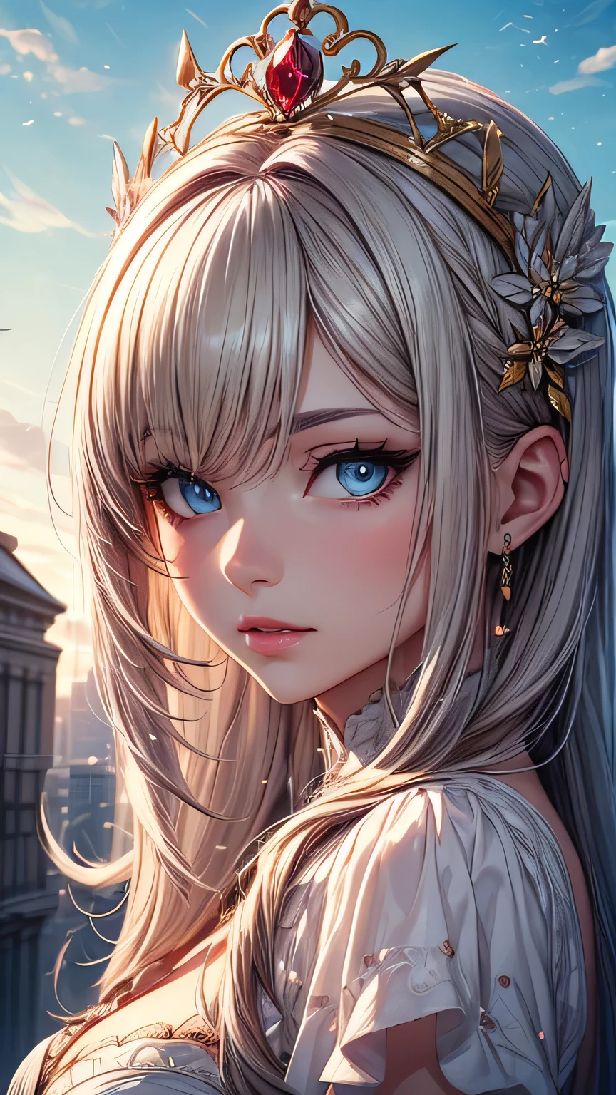 Woman in white dress, artwork in the style of Gwaiz, Gwaiz on pixiv artstation, Gwaiz on artstation pixiv, Gwaiz, Fantasy art style, Gwaiz masterpiece, (Very delicate and beautiful face), (Beautiful eyes in every detail), Beautiful and elegant queen, Beautiful character drawings, Detailed digital anime art, Blonde Princess, Gray Hair, Sky blue eyes, Pink Lips