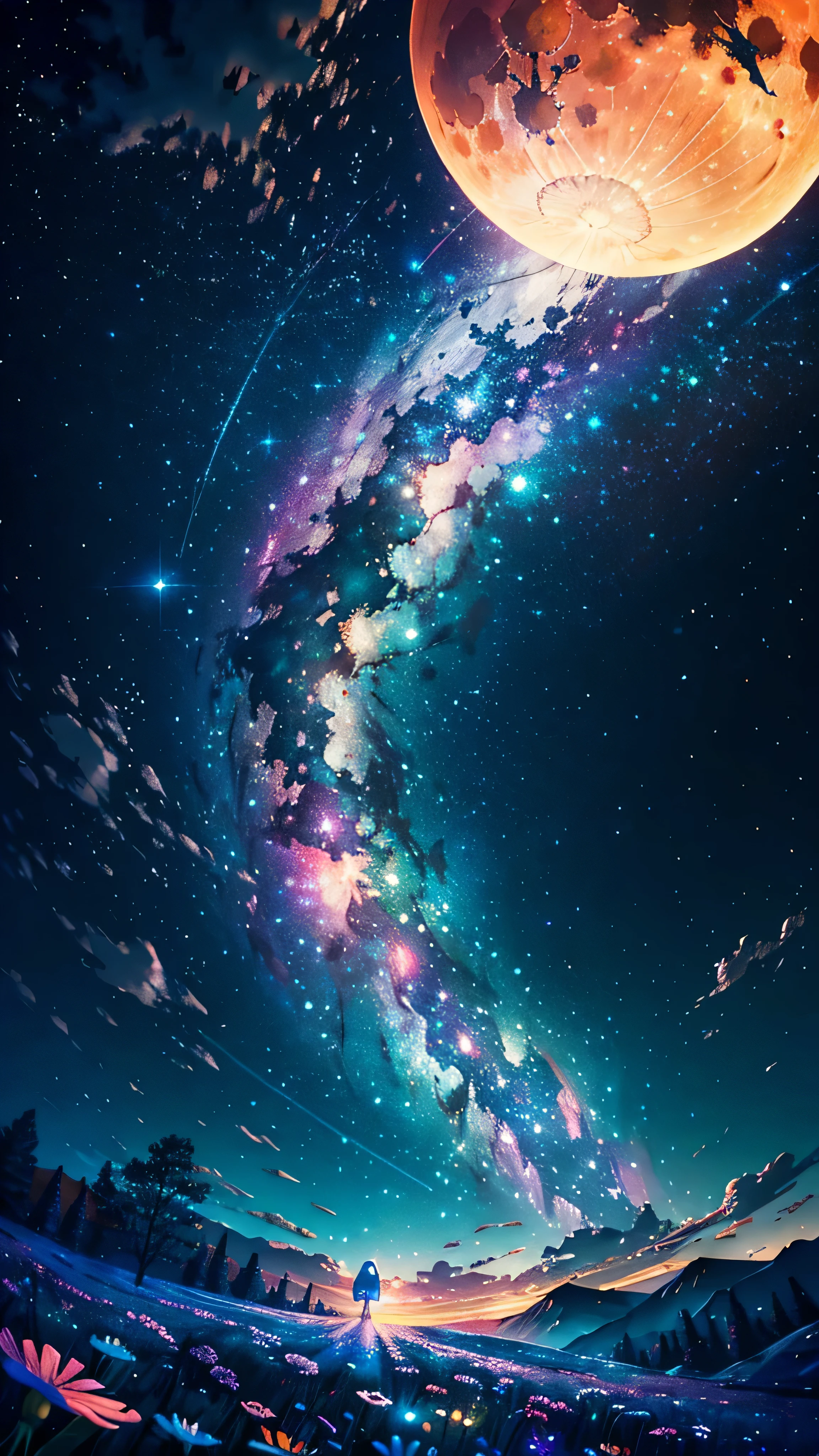 Vast landscape photography, (View from below。I can see the sky and the wilderness below.), Little white bear standing in a flower field and looking up, (full moon: 1.2), (shooting star: 0.9), (nebula: 1.3), Distant Mountain, Treebreak Production Art, (Warm light source: 1.2), (fire Fly: 1.2), apple, Purple and Orange, Intricate details, Volumetric Lighting Break (Tabletop: 1.2), (Highest quality ), 4K, Super detailed, (moving composition: 1.4), Extremely detailed and colorful (Iridescent: 1.2), (Sparkling Lights, Atmospheric lighting), dream-like, Magic, (alone: 1.2)
