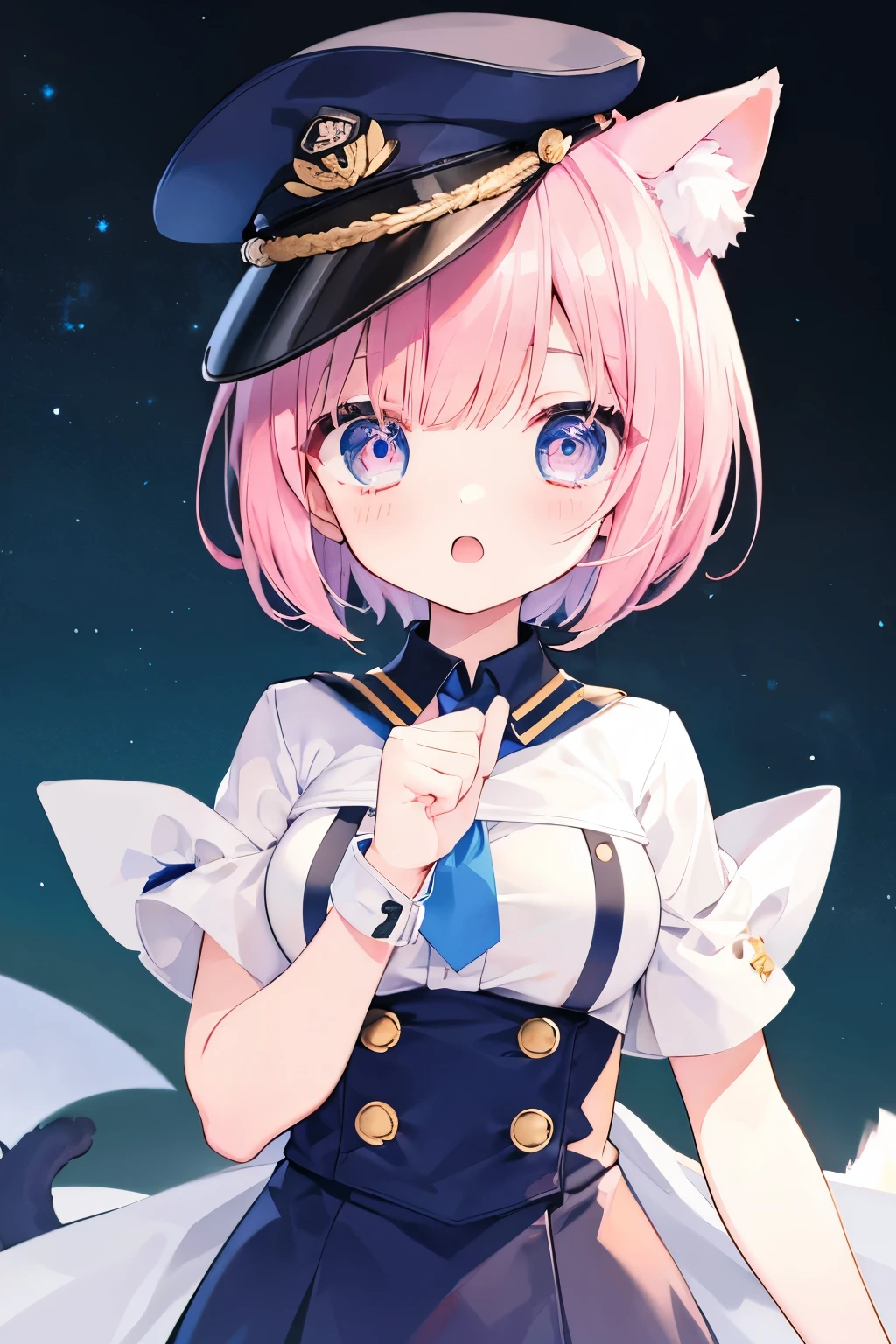 navy uniform、Very beautiful and Shining Eyes、Shining Eyes、1 Girl、Small breasts、Big Mouth、high school girl、Large Breasts、Cat ear、Transparent pink short hair、