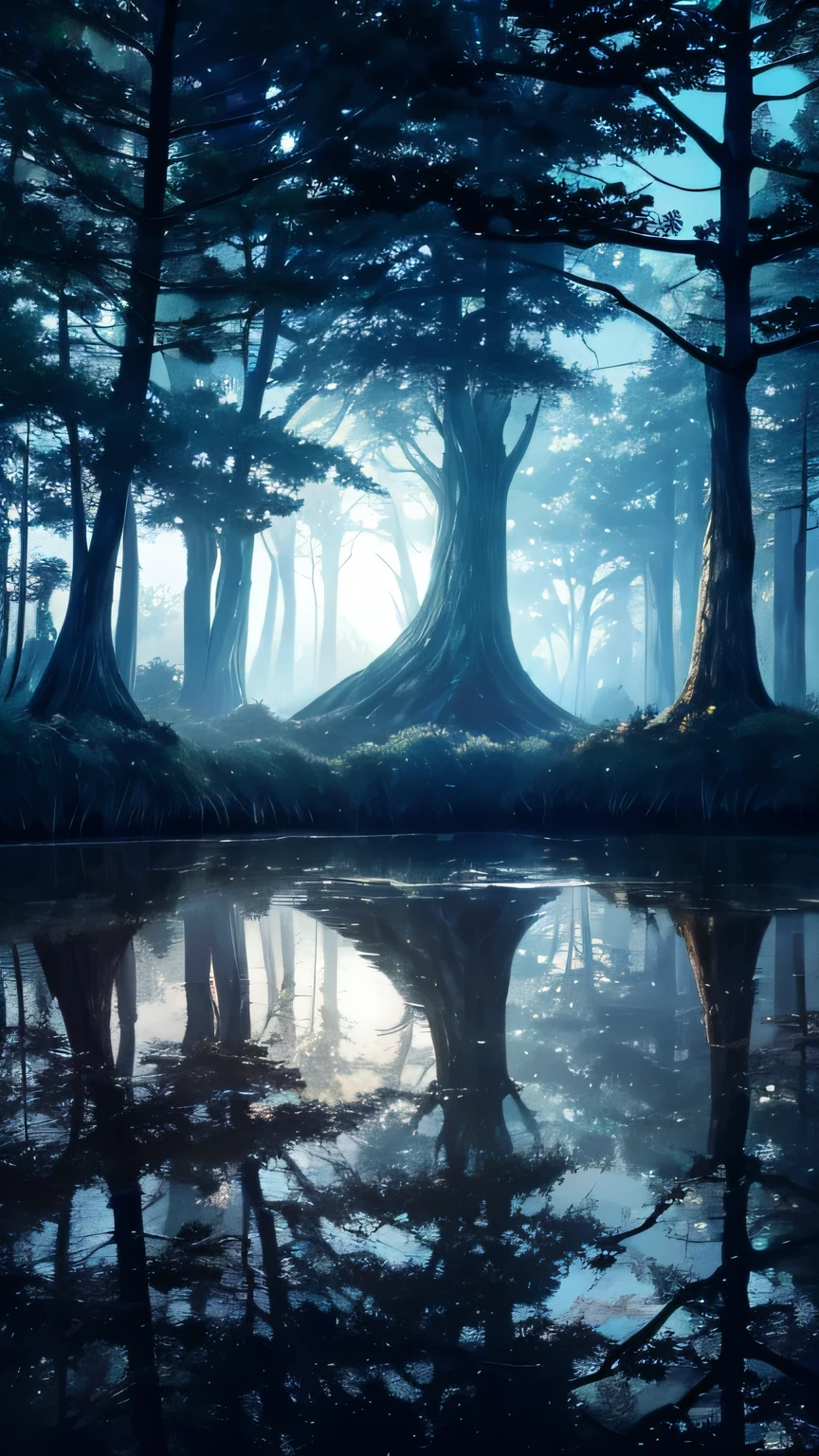 Deep in the mysterious forest, , The moonlit scene unfolds. Moon's ethereal glow spills through the canopy, Casting a brilliant light on the calm waters below, A place where the mysterious moon&#39;s reflections are mesmerizing. This captivating image, Whether it&#39;s a painting, photograph, or other media, It invites the audience into a world full of fascination and wonder.. Moon, Adorned with majestic and otherworldly presence, Looks very large, Evoke a sense of grandeur and fantasy. composition, Rich detail and vibrant colors, Immerse your audience in this exquisite depiction of a surreal and magical world。.