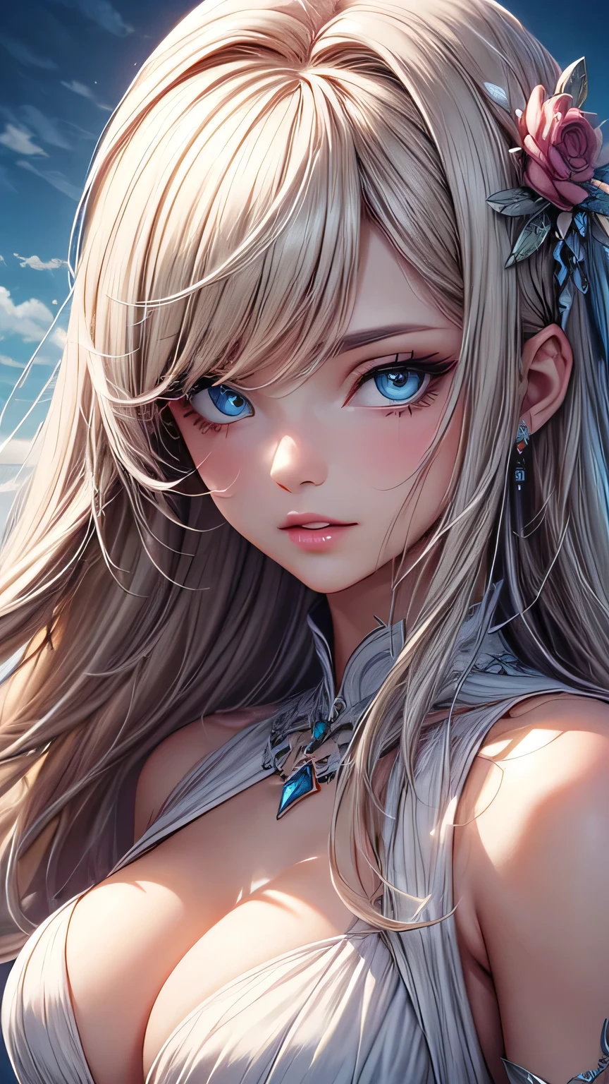 Woman in white dress, artwork in the style of Gwaiz, Gwaiz on pixiv artstation, Gwaiz on artstation pixiv, Gwaiz, Fantasy art style, Gwaiz masterpiece, (Very delicate and beautiful face), (Beautiful eyes in every detail), Beautiful and elegant queen, Beautiful character drawings, Detailed digital anime art, Blonde Princess, Gray Hair, Sky blue eyes, Pink Lips