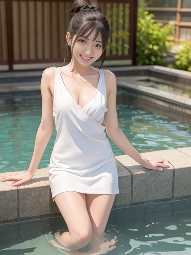 Japanese female, a lot of details, (underweight), 30 years old, detailed black hair, beautiful detailed hair, super fucking beautiful, delicate beautiful face, complex details beautiful and delicate eyes, perfect hands, (flat chest best quality:1.5), perfect and delicate limbs, detailed skin, best quality, ultra-detailed,(cheerful grin:1.5),
hot spring, blissful, front view, bun hair, (wrapping a bath towel around one's body:1.1), in the hot spring, full body shot, from below