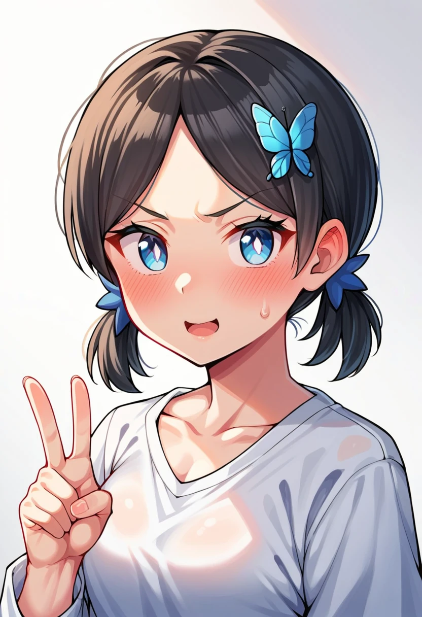 (masterpiece, Highest quality), One girl, Guest Def, chest, blush, short hair, bangs, blue eyes, Black Hair, hair ornaments, Twin tails, V-shaped eyebrows, parted bangs, Frowning, Bright Eyes, White Eyes, butterfly hair ornaments,