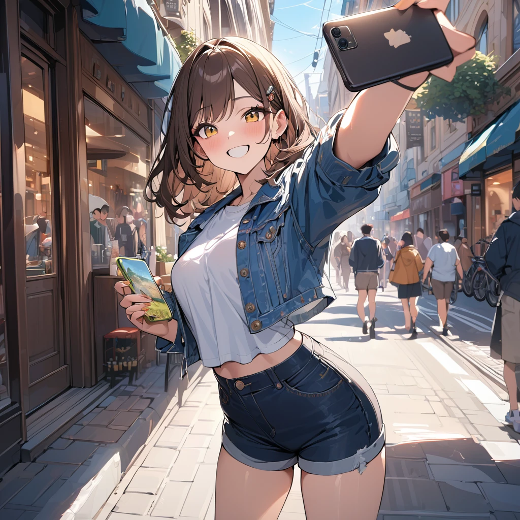 (masterpiece:1.5), highest quality, Super detailed, very detailed, exquisite, 16k, Full HD, very aesthetic, absurdres, anime style, 1girl, high school girl, beautiful, female, , shoulder-length brown hair, brown hair, joyful smile, trendy casual fashion, denim jacket, white T-shirt, shorts, sneakers, holding smartphone, taking a selfie, busy street with cafes and boutiques, sunny afternoon, bright sunlight on girl's face, soft shadows, people and bicycles in the background, blue sky and tall buildings in the distance, sharp focus on subject, vivid colors, cheerful and lively atmosphere, warm sunlight feel
