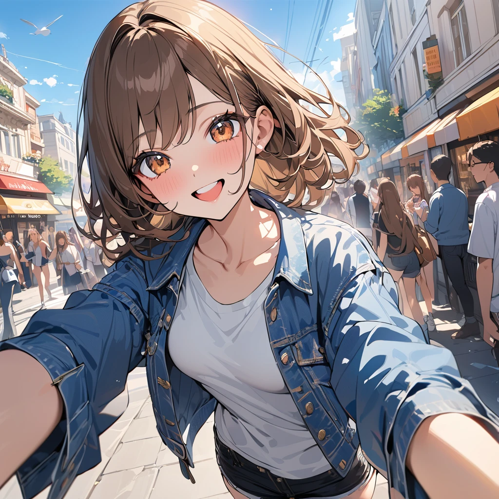 (masterpiece:1.5), highest quality, Super detailed, very detailed, exquisite, 16k, Full HD, very aesthetic, absurdres, anime style, 1girl, high school girl, beautiful, female, 17 years old, shoulder-length brown hair, brown hair, joyful smile, trendy casual fashion, denim jacket, white T-shirt, shorts, sneakers, holding smartphone, taking a selfie, busy street with cafes and boutiques, sunny afternoon, bright sunlight on girl's face, soft shadows, people and bicycles in the background, blue sky and tall buildings in the distance, sharp focus on subject, vivid colors, cheerful and lively atmosphere, warm sunlight feel
