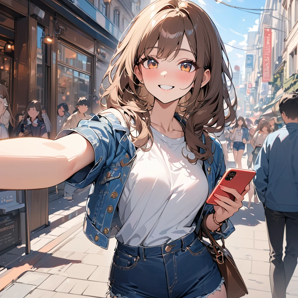(masterpiece:1.5), highest quality, Super detailed, very detailed, exquisite, 16k, Full HD, very aesthetic, absurdres, anime style, 1girl, high school girl, beautiful, female, 17 years old, shoulder-length brown hair, brown hair, joyful smile, trendy casual fashion, denim jacket, white T-shirt, shorts, sneakers, holding smartphone, taking a selfie, busy street with cafes and boutiques, sunny afternoon, bright sunlight on girl's face, soft shadows, people and bicycles in the background, blue sky and tall buildings in the distance, sharp focus on subject, vivid colors, cheerful and lively atmosphere, warm sunlight feel