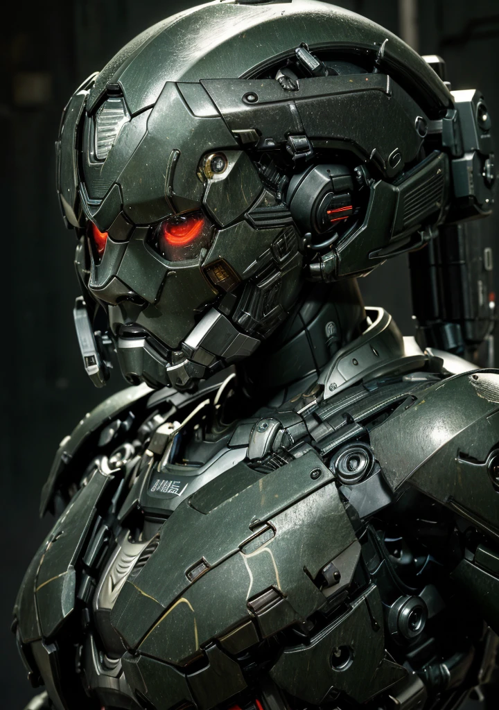 Textured skin, Very detailed, Attention to detail, high quality, 最high quality, High resolution, 1080P, hard disk, beautiful,(War Machine),beautifulサイボーグ女性,Mecha Cyborg Girl,Battle Mode,Girl with a mechanical body Black Hair Short Hair Boyish Dark green armor Sweaty and wet face Change is over Met Off Steam coming out of the head Steam coming out of the whole body Painful expression Please open your mouth wide Snug-fitting headgear Black inner suit Full body portrait from the front