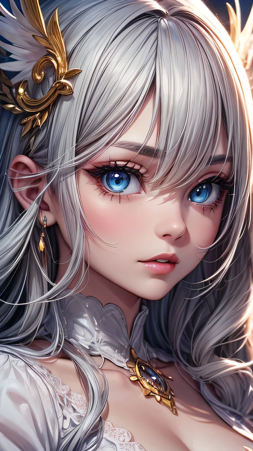 Woman in white dress, artwork in the style of Gwaiz, Gwaiz on pixiv artstation, Gwaiz on artstation pixiv, Gwaiz, Fantasy art style, Gwaiz masterpiece, (Very delicate and beautiful face), (Beautiful eyes in every detail), Beautiful and elegant queen, Beautiful character drawings, Detailed digital anime art, Blonde Princess, Gray Hair, Sky blue eyes, Pink Lips