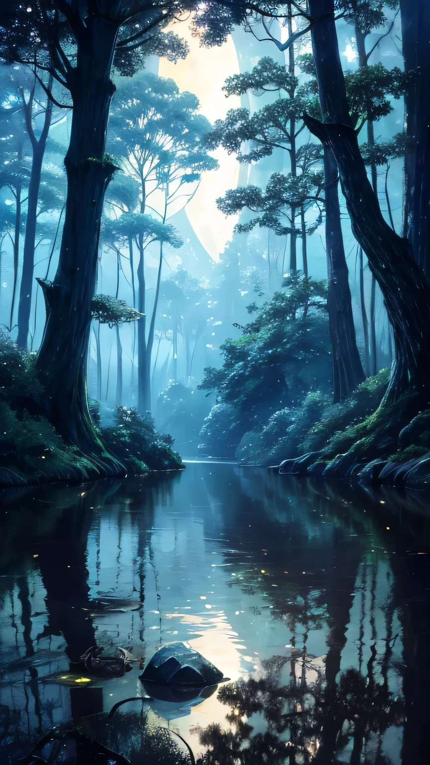 Deep in the mysterious forest, Where the fairies sleep, The moonlit scene unfolds. Moon's ethereal glow spills through the canopy, Casting a brilliant light on the calm waters below, A place where the mysterious moon's reflections are mesmerizing. This captivating image, Whether it's a painting, photograph, or other media, It invites the audience into a world full of fascination and wonder.. Moon, Adorned with majestic and otherworldly presence, Looks very large, Evoke a sense of grandeur and fantasy. composition, Rich detail and vibrant colors, Immerse your audience in this exquisite depiction of a surreal and magical world。.