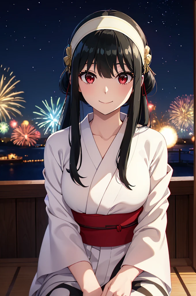 (SFW:1.8、masterpiece, Highest quality),女の子1people々々, 一people々々in, Absurd、現実inは捉えられないディテールと美しさ、hyper Realistic, Realistic,Realistic, Looking at the audience, 美しいbangs:2、魅力的なbangs:2、bangs:2、), Mouth closed, Big Tits Eyes、eyelash、 whole :2、(((Add highlights to the eyes:1.4、Long Hair、She is very 美しい and cute、Show me your ears、Beautiful long neck:1.8、smile、Close your mouth and smile:1.5、bangsと美しい歯)))、Ideal body type、((firework、Night Sky、Night Skyに美しいfirework、Summer festival))、Beautiful long neck:1.6、Perfect Anatomy、people々Beautiful pads that make you feel happy:2、自然in快適な照明、Keep an eye on your audience、Shadow Fade、Listen carefully、smile、((Black Hair、Red yukata、White hair band、Red eyes))、A starry sky、Rich nature background、fireworkの光、Off the shoulder、Sit on a chair、smile