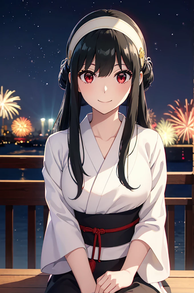 (SFW:1.8、masterpiece, Highest quality),女の子1people々々, 一people々々in, Absurd、現実inは捉えられないディテールと美しさ、hyper Realistic, Realistic,Realistic, Looking at the audience, 美しいbangs:2、魅力的なbangs:2、bangs:2、), Mouth closed, Big Tits Eyes、eyelash、 whole :2、(((Add highlights to the eyes:1.4、Long Hair、She is very 美しい and cute、Show me your ears、Beautiful long neck:1.8、smile、Close your mouth and smile:1.5、bangsと美しい歯)))、Ideal body type、((firework、Night Sky、Night Skyに美しいfirework、Summer festival))、Beautiful long neck:1.6、Perfect Anatomy、people々Beautiful pads that make you feel happy:2、自然in快適な照明、Keep an eye on your audience、Shadow Fade、Listen carefully、smile、((Black Hair、Red yukata、White hair band、Red eyes))、A starry sky、Rich nature background、fireworkの光、Off the shoulder、Sit on a chair、smile