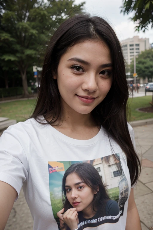 Front view selfie, natural black hair , dark hair, fair complexion, fair girl, filipino girl, beauty, big eyes, smile, Tshirt , fairl girl, park view, park selfie, front camera , selfie