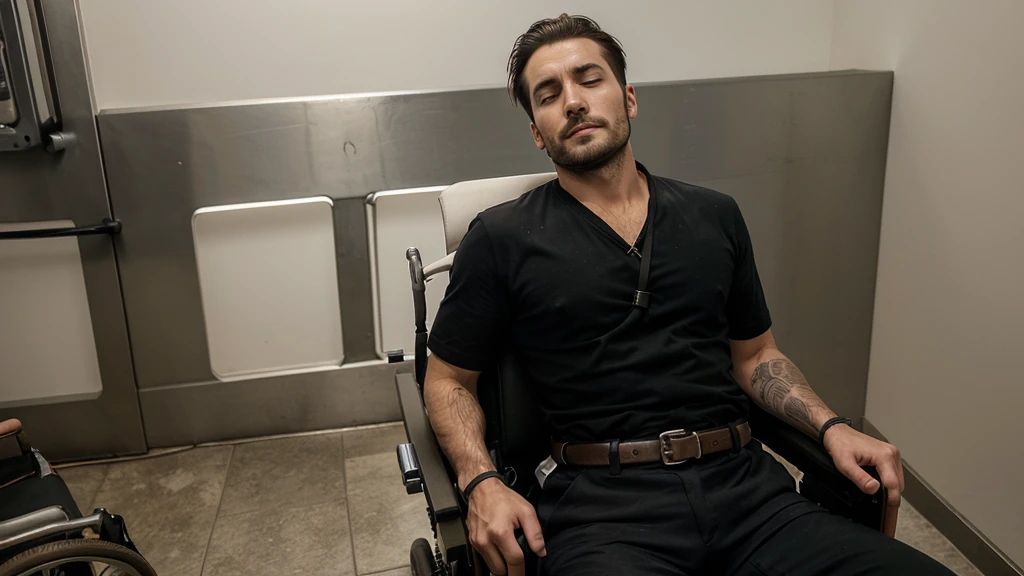 The 30-year-old handsome man had spinal cord injury. His head was resting on the headrest, his chest was tied to the backrest by the restraint belt, his hands and feet were tied to the bracket by the restraint belt, and his chin controlled the electric wheelchair