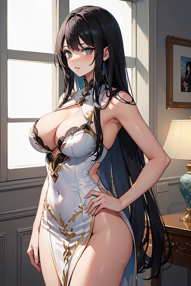 ((Highest quality)),(Ultra-high resolution),(Very detailed),(Detailed Description),((The best CG)),(A masterpiece),Ultra-detailed art,Amazing painting art,(Works with precise details:1.5), (1 female:1.6),(Beautiful and well-proportioned face:1.5),(Straight Hair:1.6),(Intricately detailed lace dress:1.8,colorful:1.6),Fine jewellery with exquisite detailing:1.5,A benevolent smile:1.5, Antique furniture:1.6,,(((Shiny long black hair))), Blue Eyes. white,Snow-like skin,,(((breast enhancement))),.(((Long, slender limbs))).Slim body,Small Ass,Beautiful cleavage, ,Shapely large breasts , Beautiful breasts,