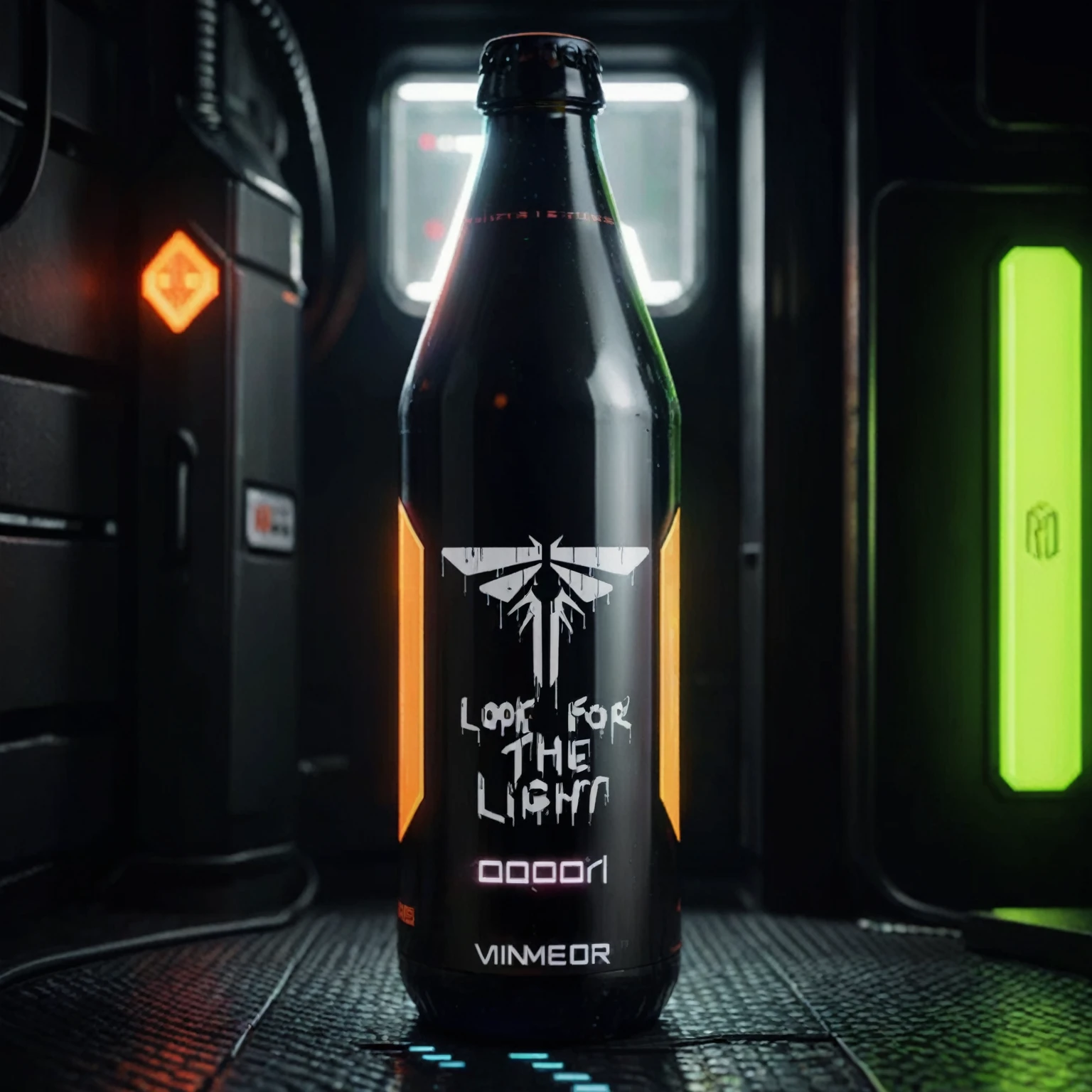 One bottle in the picture.A bottle of cyber beer presented in cyberpunk style, with characteristic elements: smooth, matte coating, decorated with bright neon luminous inserts. Design includes digital pixel patterns and abstract graphic elements, creating the effect of digital disruption and the future of the technological world. The main color of the bottle is deep purple, red, orange or green. This combination gives the product a unique cyberpunk style and modern look..
Bottle with holographic labels, depicting robotic fruits reflecting the taste of the future.