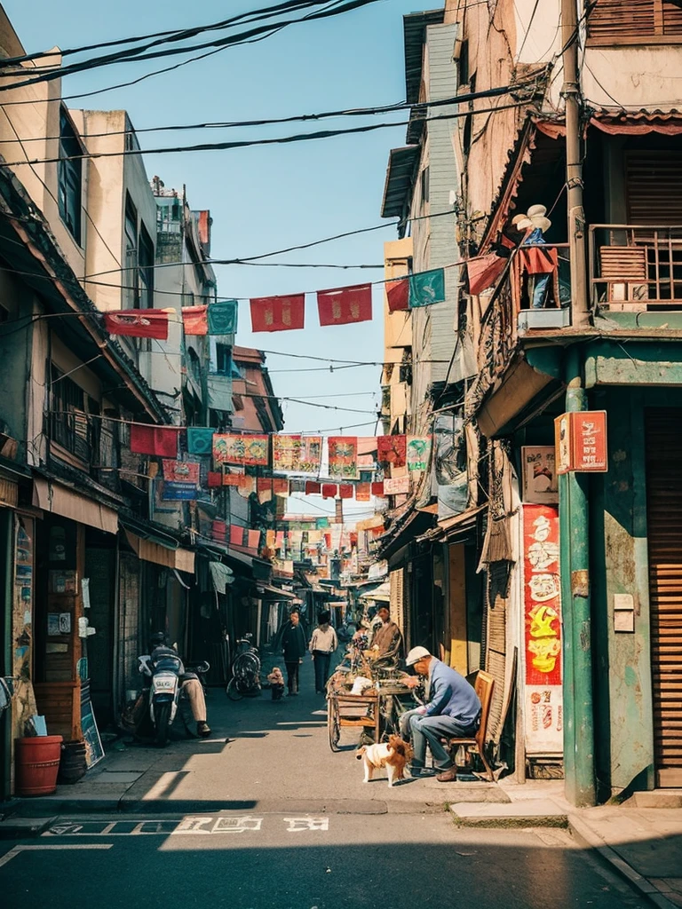 The background is expressed with a surrealistic Taiwanese old street.,前景用兩個老人One man and one woman在自己家裡面做自己的事,Looks very lonely,There is a dog in the middle playing with his toys,Such a scene can give people a profound sense of loneliness,At the same time, it also has a touch of nostalgia and warmth. The background is a surreal old street in Taiwan.,The buildings on both sides of the street retain their ancient features,But under the influence of surrealism,The shapes and colors of these buildings are a bit strange,For example, the colors are too bright、slightly distorted shape,Or there are some elements that are unrealistic.,Like a floating lantern or a curved street lamp。
There are two old men in the foreground,One man and one woman,The two of them were sitting in different places。The postures and expressions of the old people look very ,Maybe knitting、smoke、Or just sit quietly in a daze。Although they are on the same street,But they look like they're living in their own worlds,no intersection。
among them,There is a dog playing with its toys。The dog's posture is lively and attentive,In sharp contrast to the silent atmosphere around。The dog's presence seems to bring a touch of life and vitality to this slightly bleak scene,But it also strengthened the loneliness of the two elderly people.,Because they didn't participate in the dog's play。
This image can evoke the viewer's feelings about loneliness、Thoughts on the passage of time and relationships。
