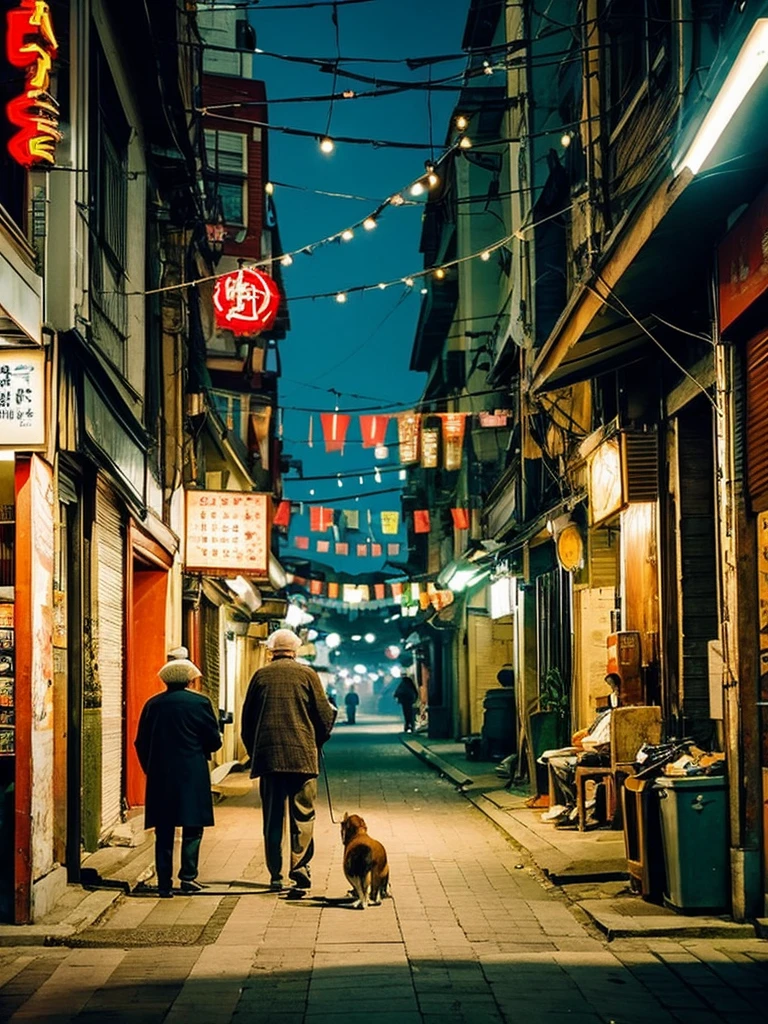 The background is expressed with a surrealistic Taiwanese old street.,前景用兩個老人One man and one woman在自己家裡面做自己的事,Looks very lonely,There is a dog in the middle playing with his toys,Such a scene can give people a profound sense of loneliness,At the same time, it also has a touch of nostalgia and warmth. The background is a surreal old street in Taiwan.,The buildings on both sides of the street retain their ancient features,But under the influence of surrealism,The shapes and colors of these buildings are a bit strange,For example, the colors are too bright、slightly distorted shape,Or there are some elements that are unrealistic.,Like a floating lantern or a curved street lamp。
There are two old men in the foreground,One man and one woman,The two of them were sitting in different places。The postures and expressions of the old people look very ,Maybe knitting、smoke、Or just sit quietly in a daze。Although they are on the same street,But they look like they're living in their own worlds,no intersection。
among them,There is a dog playing with its toys。The dog's posture is lively and attentive,In sharp contrast to the silent atmosphere around。The dog's presence seems to bring a touch of life and vitality to this slightly bleak scene,But it also strengthened the loneliness of the two elderly people.,Because they didn't participate in the dog's play。
This image can evoke the viewer's feelings about loneliness、Thoughts on the passage of time and relationships。