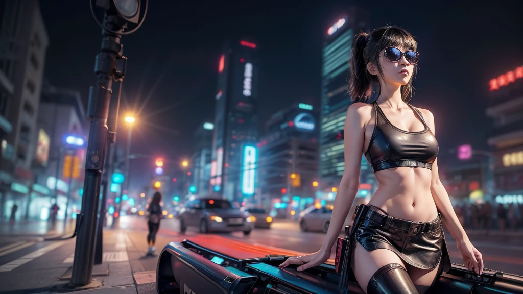 8k, Realistic Skin Texture, Realistic Photo, Neo Tokyo, slim Japanese women, large-breast:1.3 cleavage:1.2, AD2050 at night, Dirty hunting jacket, Wearing tube top, miniskirt, (((black sunglasses, automatic rifle, sneakers, cold, shooting pose, low angle view))), Innovative composition, revenge, cyberpunk, blade runner worldview, Large neon sign, Geisha hologram sign, Strong Wakamoto Sign.