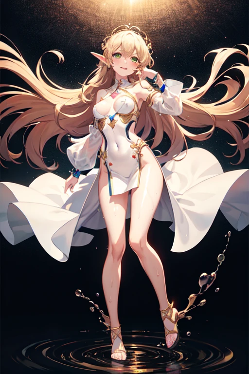 ((best quality)), ((masterpiece)), (detailed), 1girl elvish, jk, full body,wet,white skin,Green eyes, happy and smiling, Long hair loose in the wind, Golden hair,medium breasts, kaleidoscope background image with soft colors, pink tones,8k,Need,masterpiece.