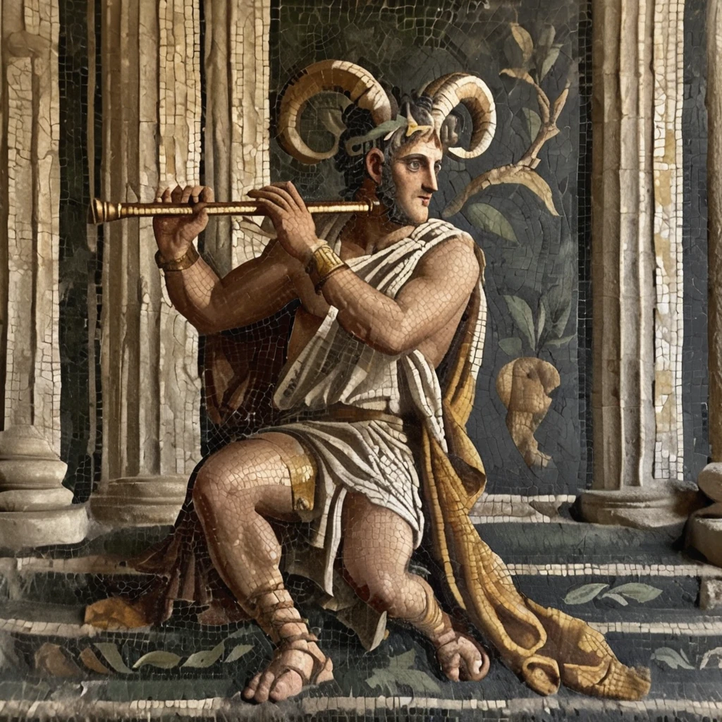 roman mosaic style, greek mosaic style, a satyr playing a flute on a staircase, before a greek temple, white hair, goat horns, horned satyr, faun, greek mythology, wearing an ancient greek tunic and cloak with gold embroidery