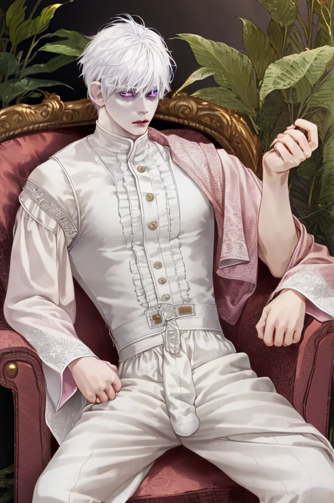 white hair boy, very detailed pink eyes, serious look, White skin, muscular, sexy, barefoot, wearing short white shorts, Sitting in an armchair 