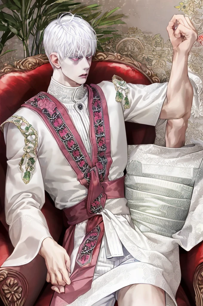 white hair boy, very detailed pink eyes, serious look, White skin, muscular, sexy, barefoot, wearing short white shorts, Sitting in an armchair