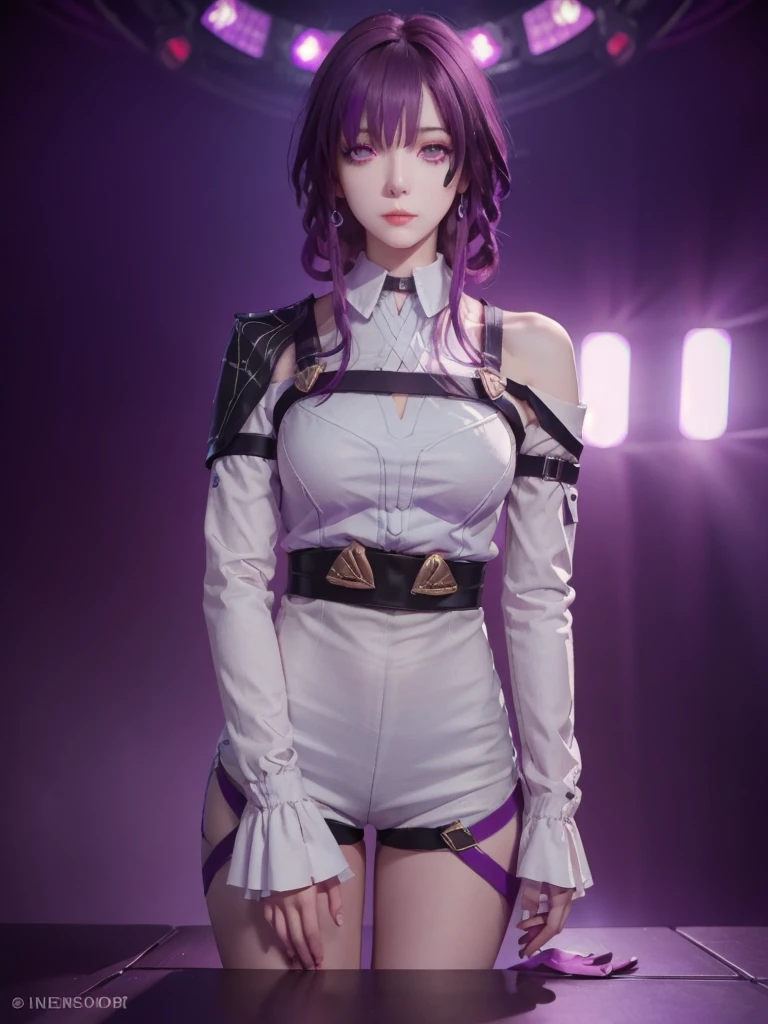 Masterpiece, Best Quality, 1girl, Official, Purple Eyes, Purple Hair, From Bottom, Looking at the Audience, Darkness, (Darkness), Cinematic Light, Edge Light, Delicate Eyes, (pureerosface_v1:0.5), Looking at the Audience, (Realisticity: 1.2), Provocative, Honkai Star Track, Arrogance, Bangs Evil Face, Apocalyptic Background