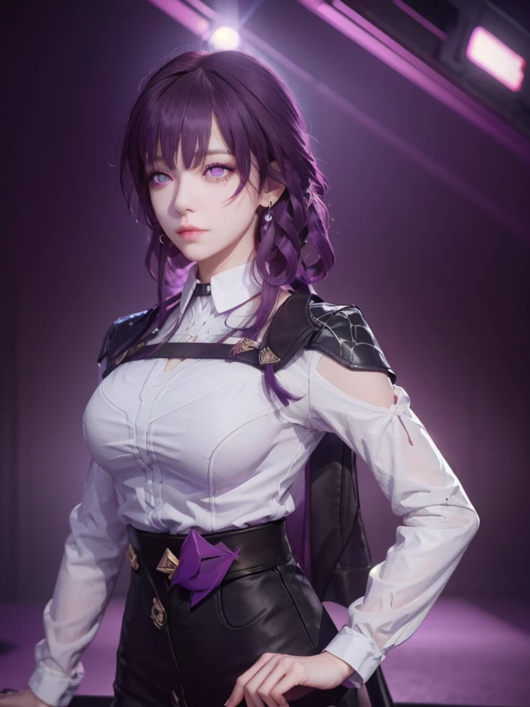 (masterpiece:1.2,best quality:1.2,kafka:1.2),purple eyes (realistic:1.37),(sunglasses on head:0.9),collared shirt,black shorts,pantyhose,(ultra-detailed:1.1) upper body,looking at viewer,