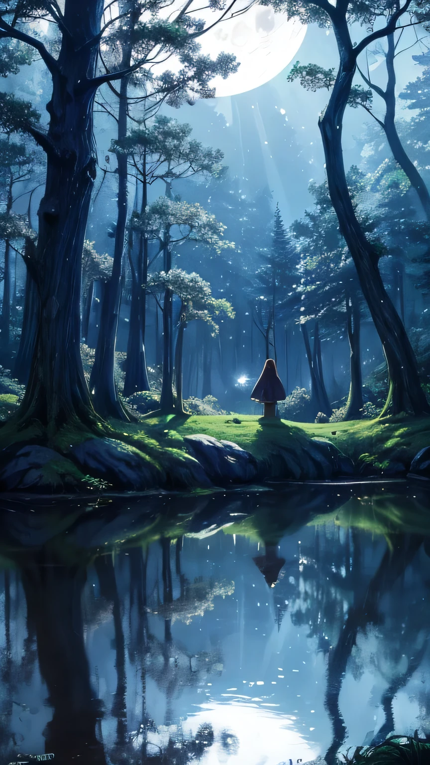 Deep in the mysterious forest, Where the fairies sleep, The moonlit scene unfolds. Moon's ethereal glow spills through the canopy, Casting a brilliant light on the calm waters below, A place where the mysterious moon&#39;s reflections are mesmerizing. This captivating image, Whether it&#39;s a painting, photograph, or other media, It invites the audience into a world full of fascination and wonder.. Moon, Adorned with majestic and otherworldly presence, Looks very large, Evoke a sense of grandeur and fantasy. composition, Rich detail and vibrant colors, Immerse your audience in this exquisite depiction of a surreal and magical world。.