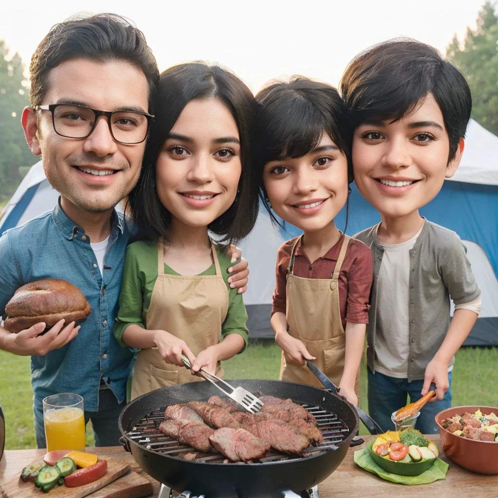 Realistic 3D caricature photo of a family consisting of 4 members, namely father, mother, age boy and teengirl who are camping in the forest. The father and mother were sitting on chairs in front of the tent, the father had short black hair parted at the side, the mother had long black shoulder length hair with bangs. teenage is grilling meat on the grill, long thin black hair, wearing an apron. A teenage boy short, neat black hair, holding a soccer ball and wearing a soccer shirt.