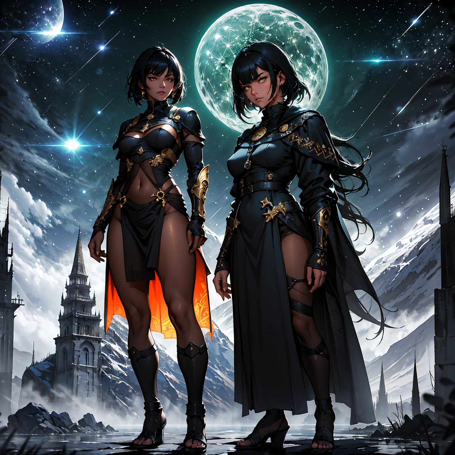 1girl (Solo), bob hair with bangs, black hair, breasts, small size, golden eyes, tanned skin, serious face, she nude, full body, night, white moon, medieval castle, mountain behind, very sexy body, detailed face, highly detailed, 8k, best quality, masterpiece, vibrant colors, digital art, concept art