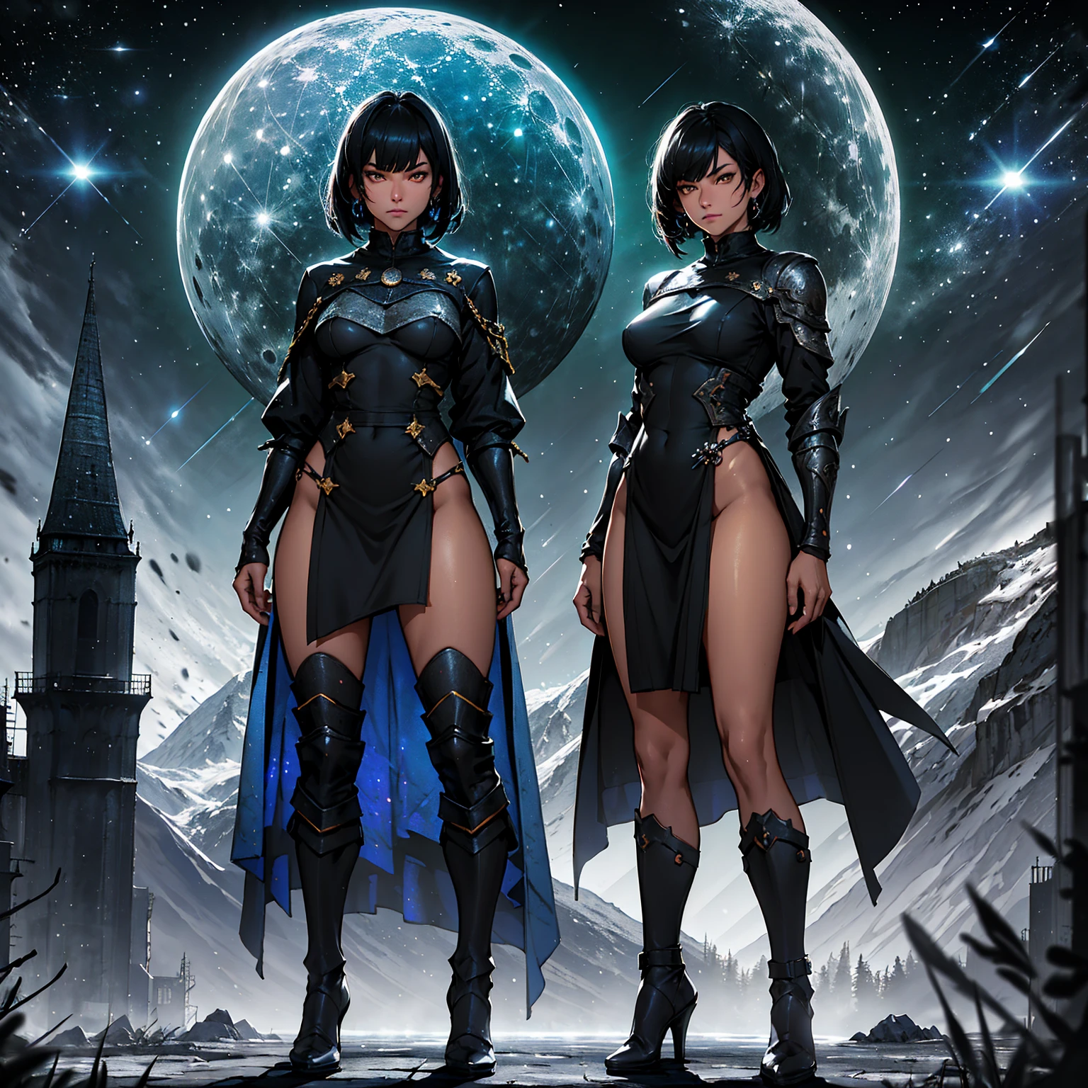 1girl (Solo), bob hair with bangs, black hair, breasts, small size, golden eyes, tanned skin, serious face, she nude, full body, darkness aura, night, white moon, medieval castle, mountain behind, very sexy body, detailed face, highly detailed, 8k, best quality, masterpiece, vibrant colors, digital art, concept art