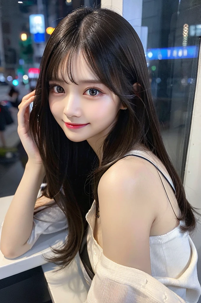 One girl, Wet day, window,Real Photo,night,Tabletop, Highest quality, shape, Very detailed, finely, High resolution, 8K壁紙, perfect dynamic composition shape, Beautiful and detailed, Small breasts, Natural color lip,Gentle smile,20-year-old girl、Beautifully Detailed face、Perfect and beautiful face,Big eyes、Beautifully Detailed face、Perfect and beautiful double eyelids、Blur the background、Slim face and figure、Straight hair、 (masterpiece, Highest quality, Very detailed, Detailed face, 8K)、Actual Photos(Best image quality)、smile、Cyberpunk Fashion