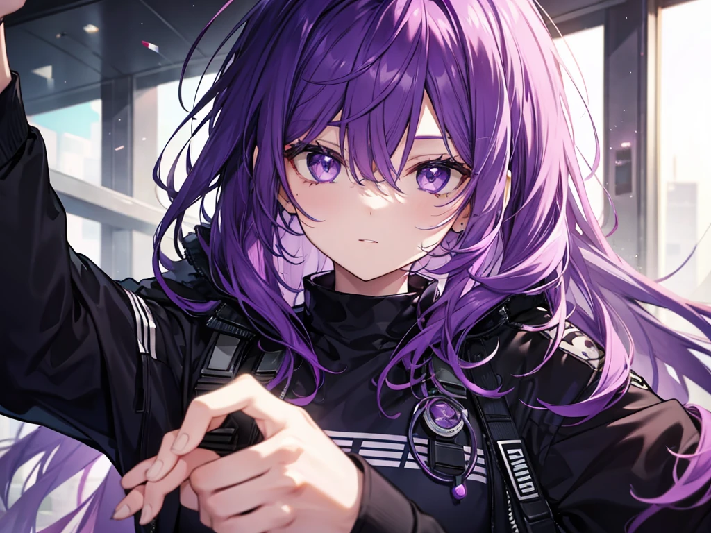 Purple haired man with purple eyes wearing a black officer's uniform