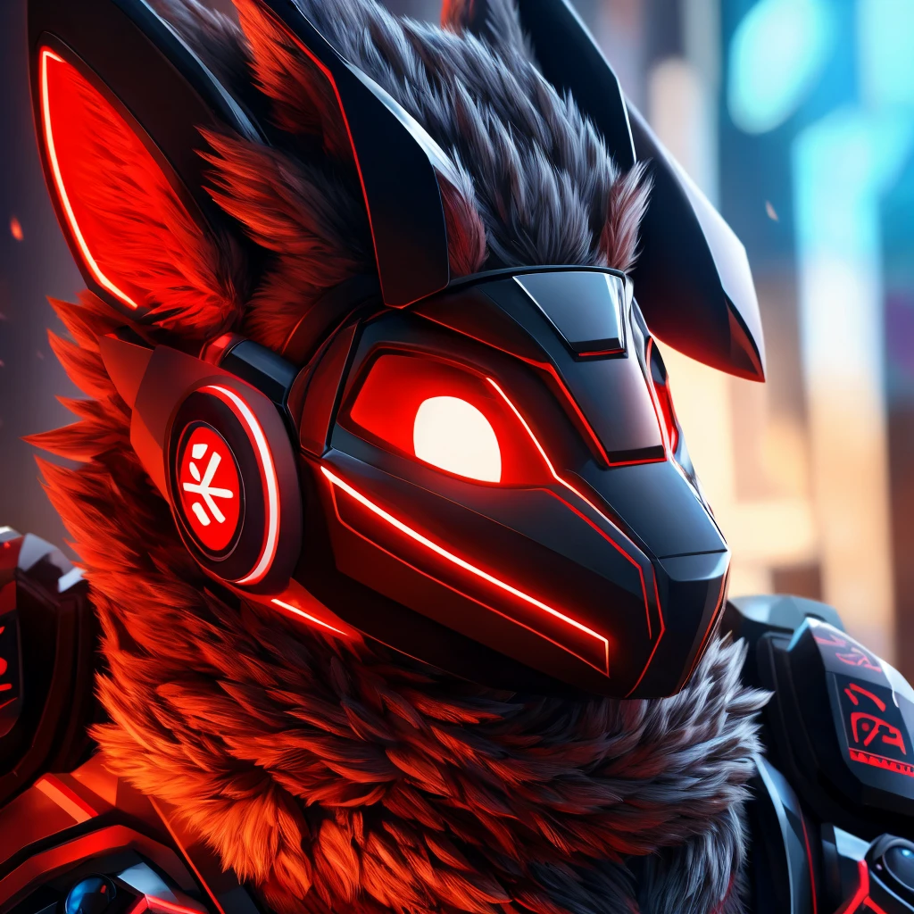 a red-black protogen, extremely detailed protogen face with visor, furry male, intricate robotic details, highly detailed, dramatic shadows, vibrant colors, 8K resolution, happy face, cute, two ears, two eyes