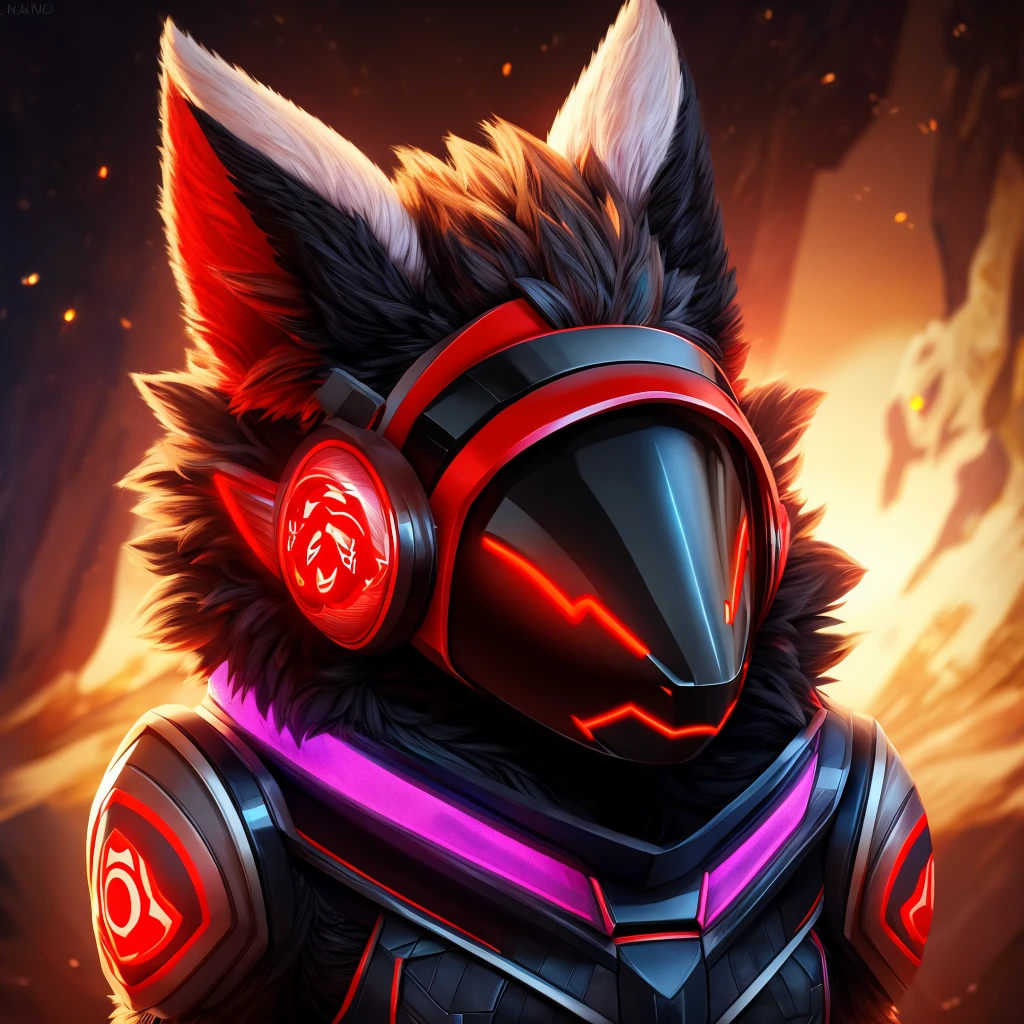 a red-black protogen, extremely detailed protogen face with visor, furry male, intricate robotic details, highly detailed, dramatic shadows, vibrant colors, 8K resolution, happy face, cute, two ears, two eyes