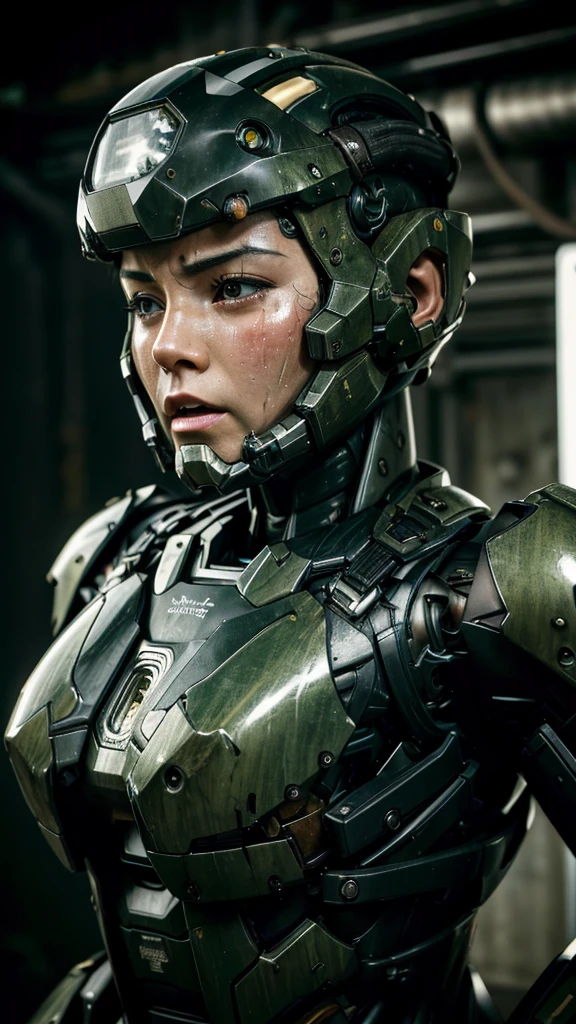 Textured skin, Very detailed, Attention to detail, high quality, 最high quality, High resolution, 1080P, hard disk, beautiful,(War Machine),beautifulサイボーグ女性,Mecha Cyborg Girl,Battle Mode,Girl with a mechanical body　Black Hair　Short Hair Boyish　Dark green armor　Sweaty and wet face　Change is over　Met Off　Steam coming out of the head　Steam coming out of the whole body　Painful expression　Please open your mouth wide　Snug-fitting headgear　Black inner suit　Full body portrait　from the front