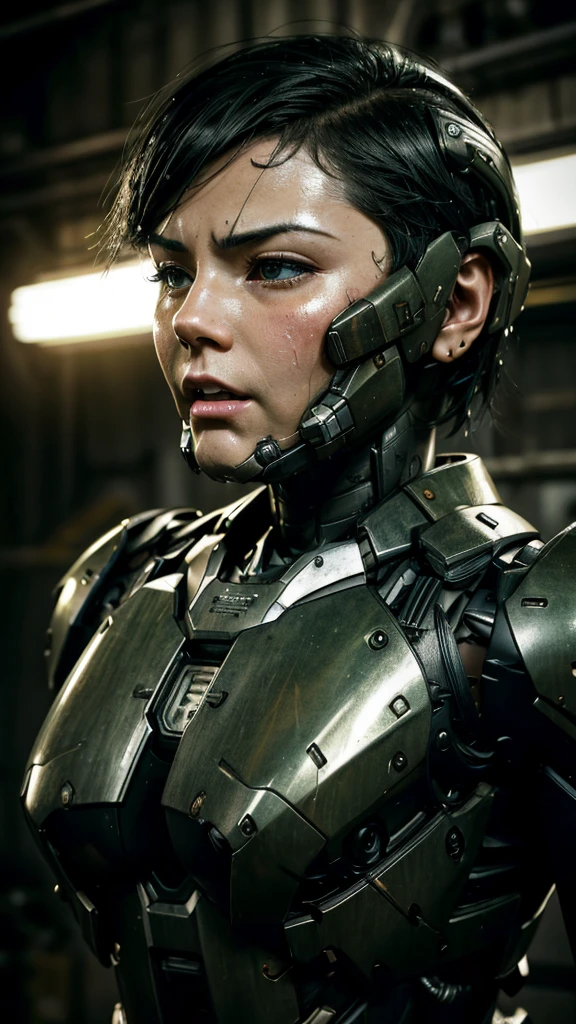 Textured skin, Very detailed, Attention to detail, high quality, 最high quality, High resolution, 1080P, hard disk, beautiful,(War Machine),beautifulサイボーグ女性,Mecha Cyborg Girl,Battle Mode,Girl with a mechanical body　Black Hair　Short Hair Boyish　Dark green armor　Sweaty and wet face　Change is over　Met Off　Steam coming out of the head　Steam coming out of the whole body　Painful expression　Please open your mouth wide　Snug-fitting headgear　Black inner suit　Full body portrait　from the front